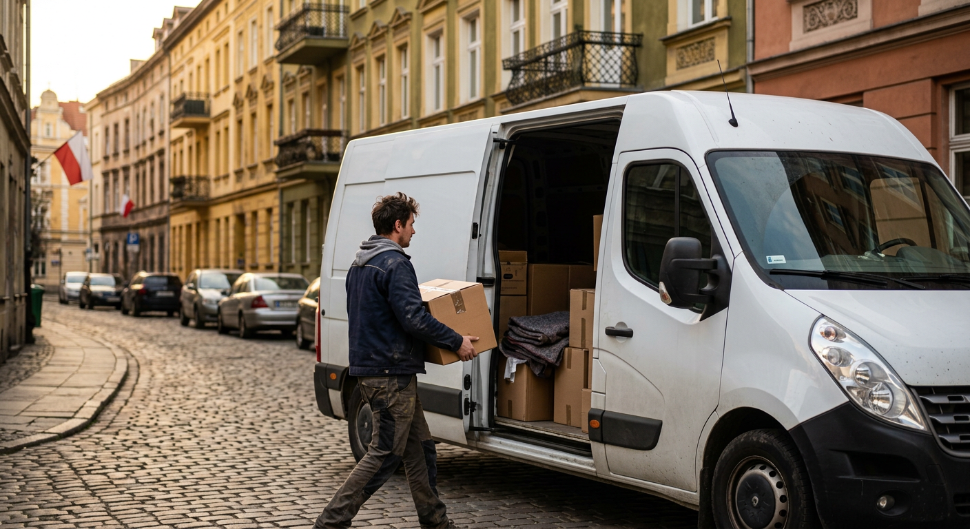 Biały furgon Renault Master zaparkowany na wąskiej, brukowanej ulicy w europejskim mieście. Boczne drzwi furgonu są otwarte, ukazując ułożone w środku kartony do przeprowadzki. Osoba niesie małe pudełko w stronę furgonu. W tle widać stare, kolorowe budynki.
