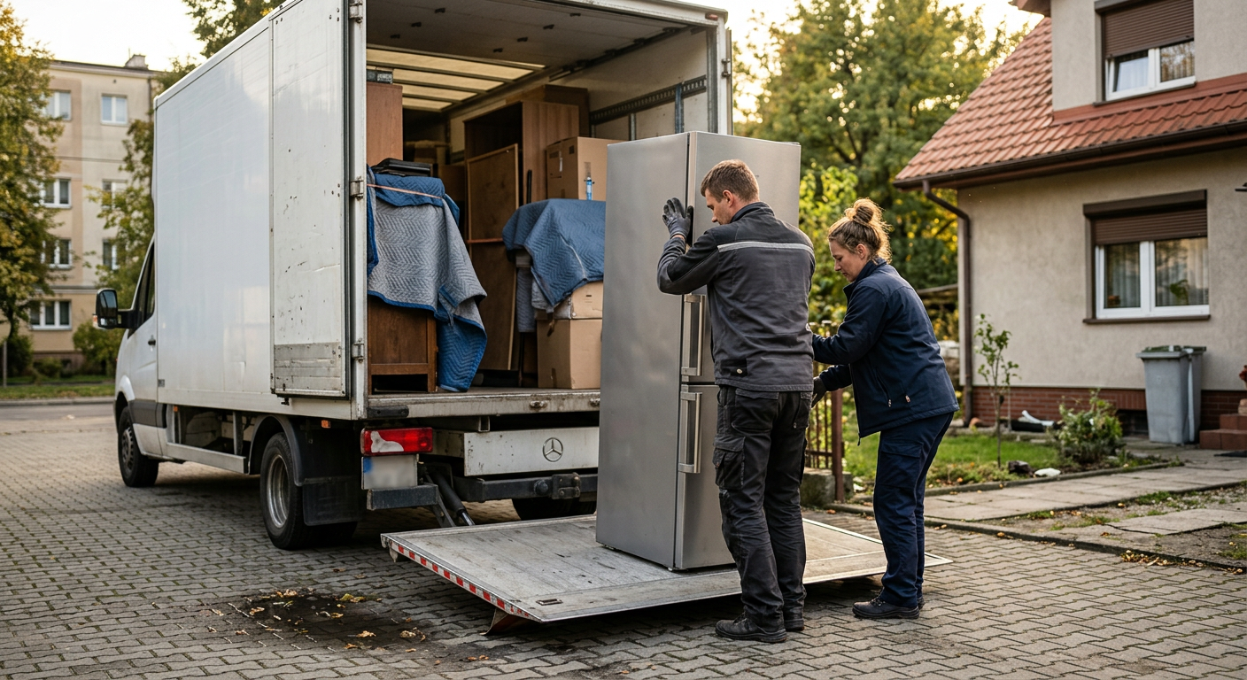 Duża biała ciężarówka kontenerowa Mercedes Sprinter z windą hydrauliczną stoi z tyłu domu. Winda jest opuszczona do ziemi, a dwie osoby ostrożnie wpychają na nią dużą, ciężką lodówkę. Koce do przeprowadzki są narzucone na niektóre meble widoczne w otwartym kontenerze ciężarówki.