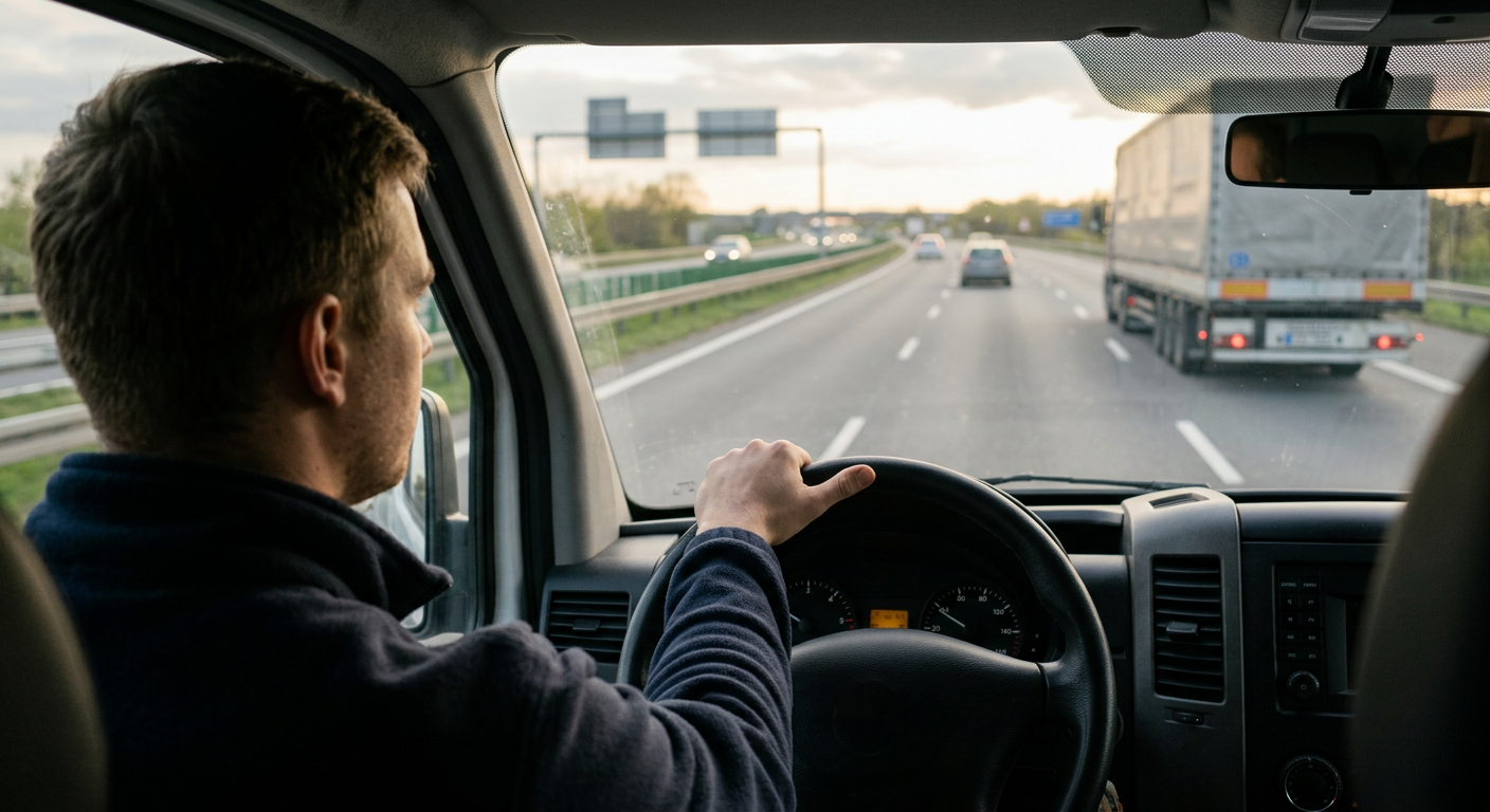 Osoba prowadzi biały samochód dostawczy po wielopasmowej autostradzie. Widoczna jest deska rozdzielcza, kierownica i prędkościomierz. Przez przednią szybę w oddali widać inne samochody i czyste niebo.