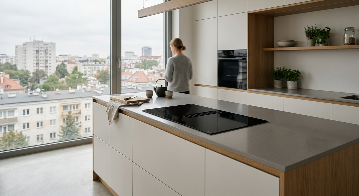 A modern kitchen with light wooden cabinets, a&nbsp;white countertop, and a&nbsp;built-in oven, showcasing a&nbsp;custom-fit design.