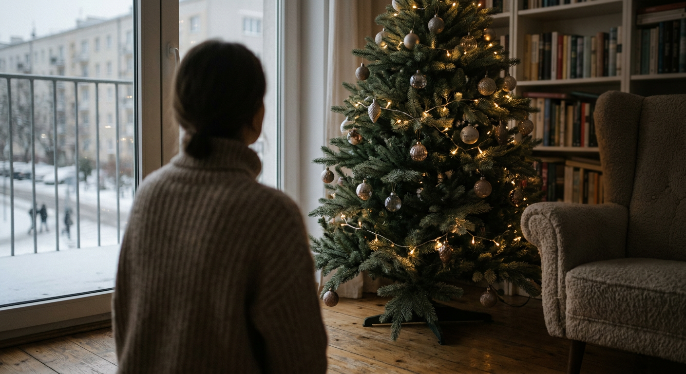 The image displays a close-up of a natural-looking Christmas tree branch with green needles and a few small, brown cones.