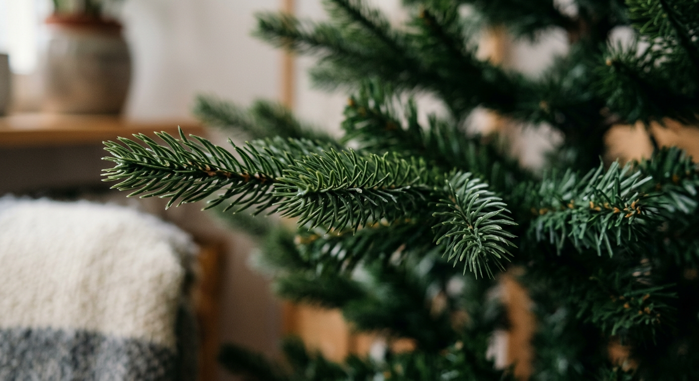The image displays two distinct Christmas trees, one likely a spruce and the other a fir, presented in a natural setting with soft lighting.