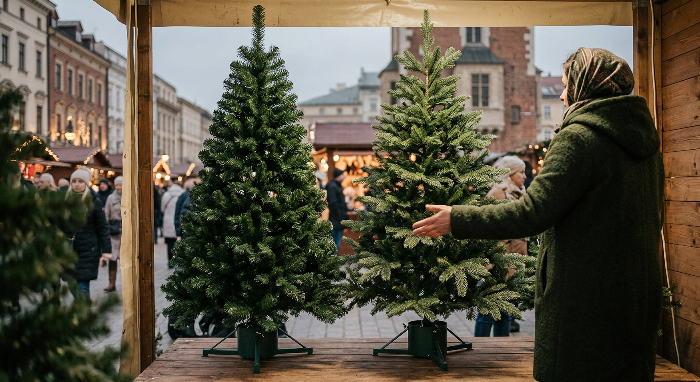 The image displays two distinct Christmas trees, one likely a spruce and the other a fir, presented in a natural setting, allowing for a comparison of their appearance.