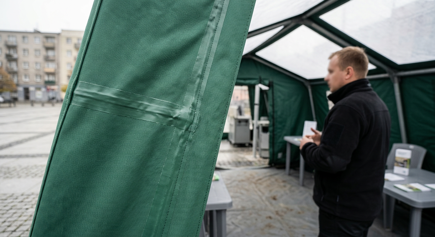 A modern, well-lit tent interior is set up as a customer service point with a desk, chairs, and a digital display, suggesting an organized mobile service space.