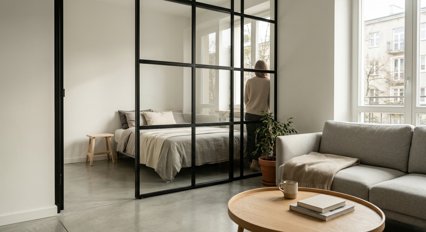 A modern, bright living space with a loft-style glass partition separating a bedroom area, featuring light wood flooring and minimalist decor.