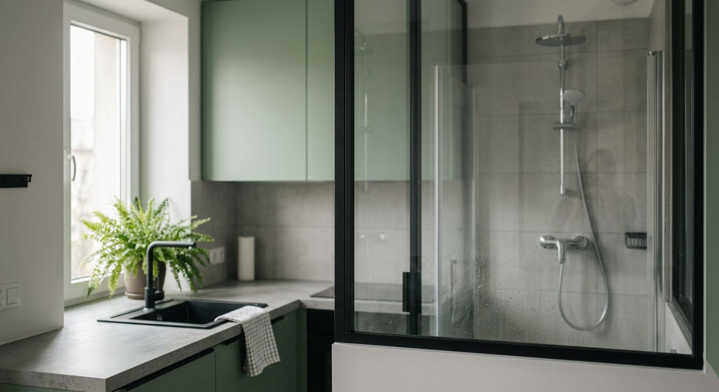 A modern, bright living space with a loft-style glass partition separating a bedroom area, showcasing a minimalist design that visually expands the room.