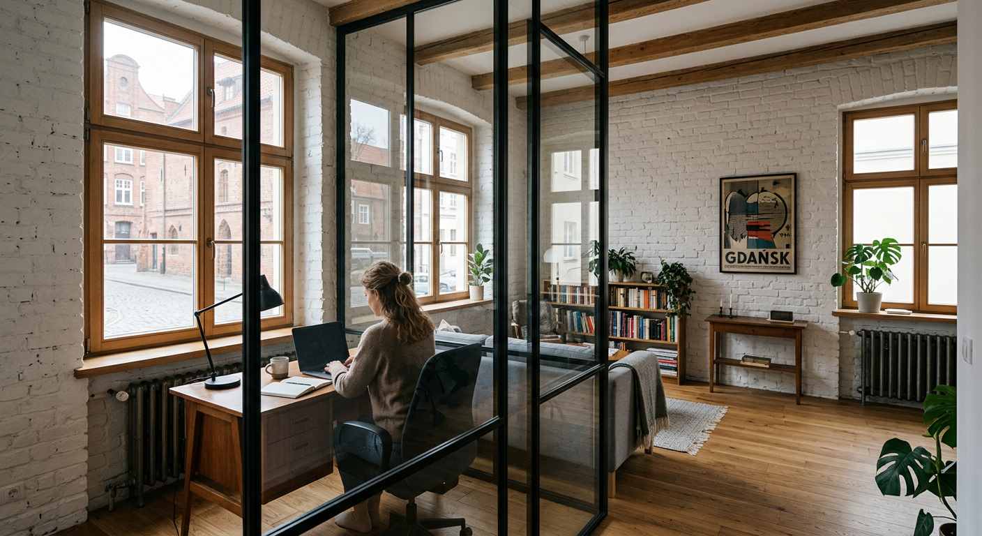 A modern, minimalist living space with a light gray sofa, a wooden coffee table, and a black framed glass partition separating the living area from another room, enhancing the sense of space.