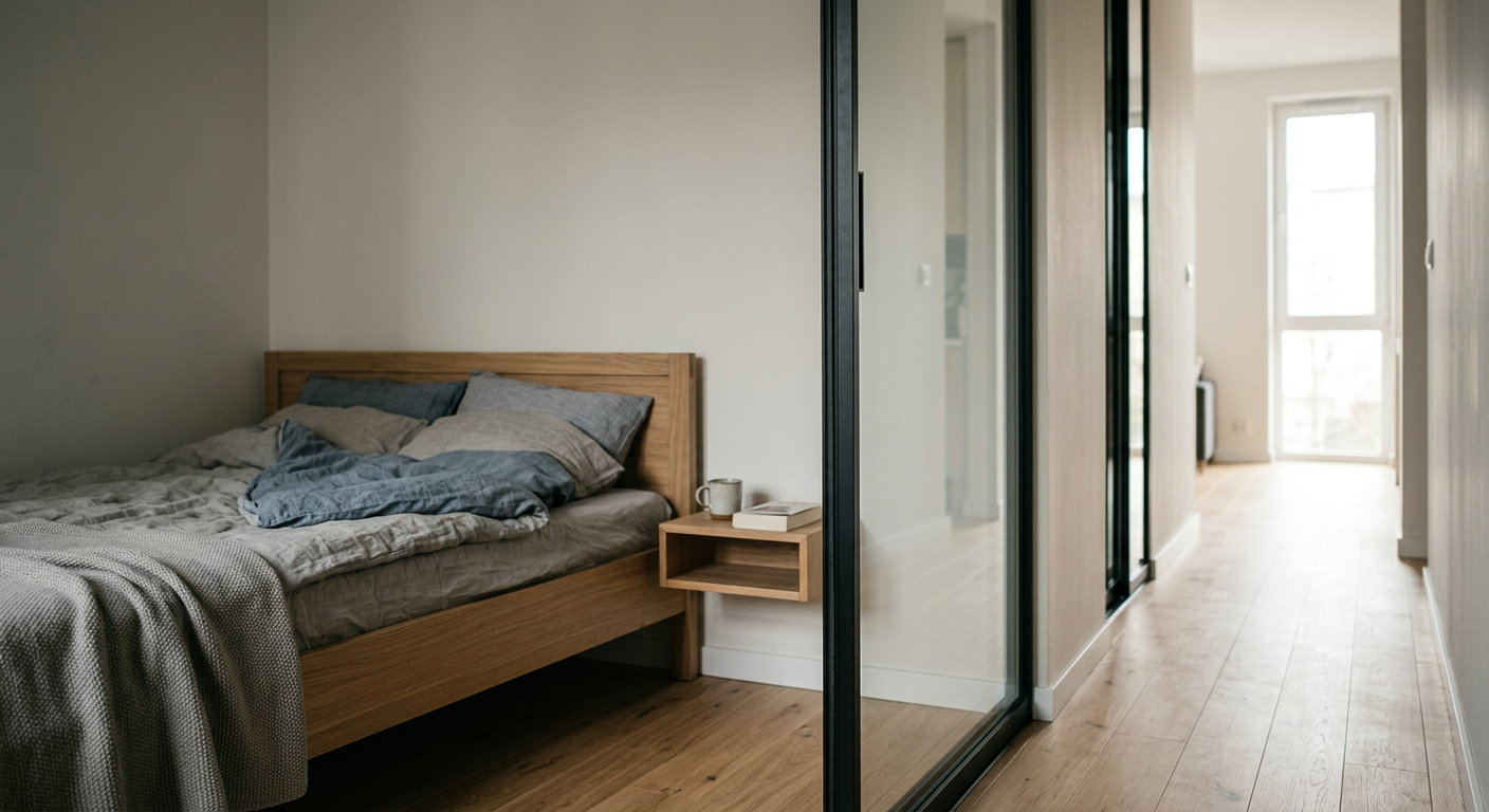 The image displays a modern, bright living space with a loft-style glass partition, effectively separating areas while maintaining an open feel, and features a light color palette with natural wood accents.