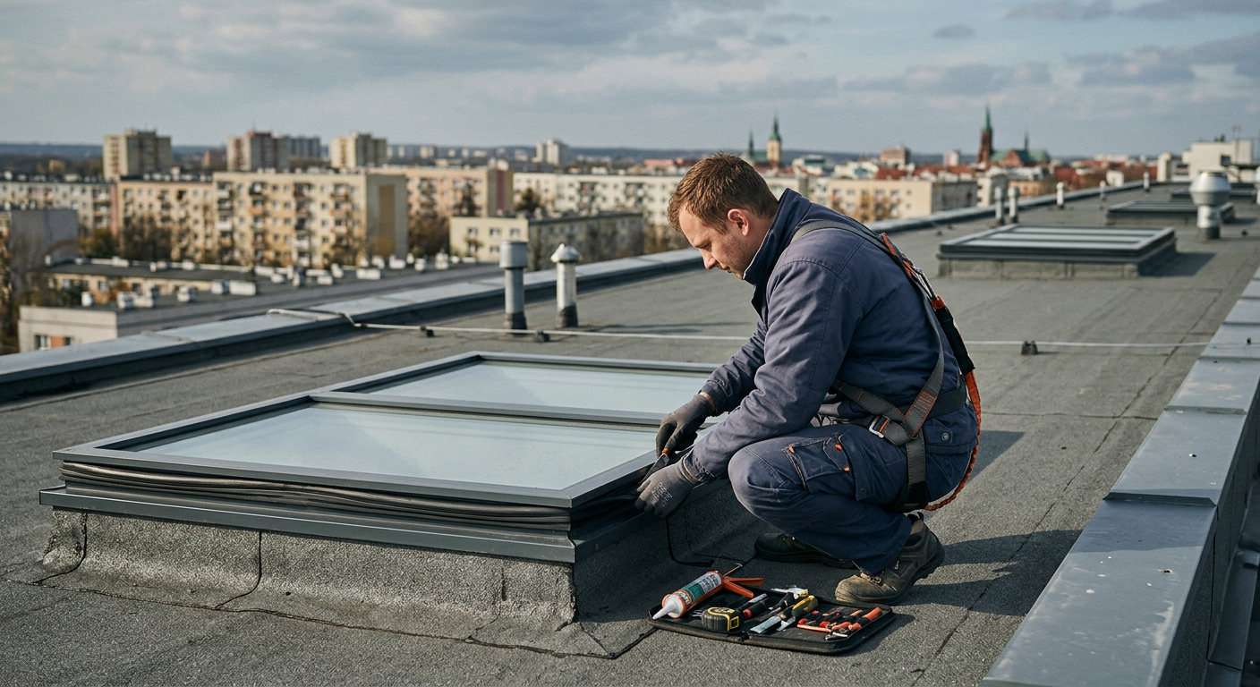 A close-up shot of a skylight on a tiled roof, with a person's hand visible near the frame, suggesting inspection or repair.