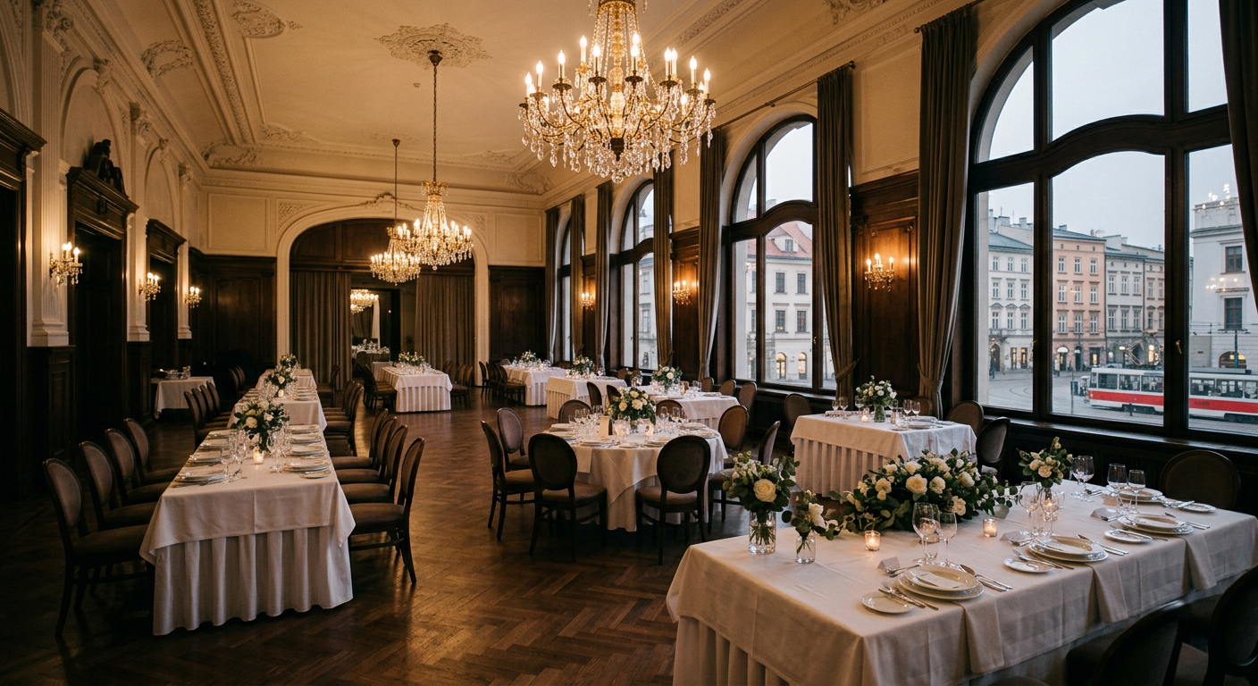A beautifully decorated wedding reception table is set in a hotel ballroom, featuring elegant floral arrangements, fine tableware, and soft lighting, with blurred guests in the background.