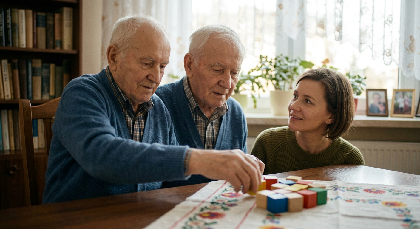An elderly man is engaged in physical therapy with a female therapist in a bright, modern room, suggesting rehabilitation in a care setting.