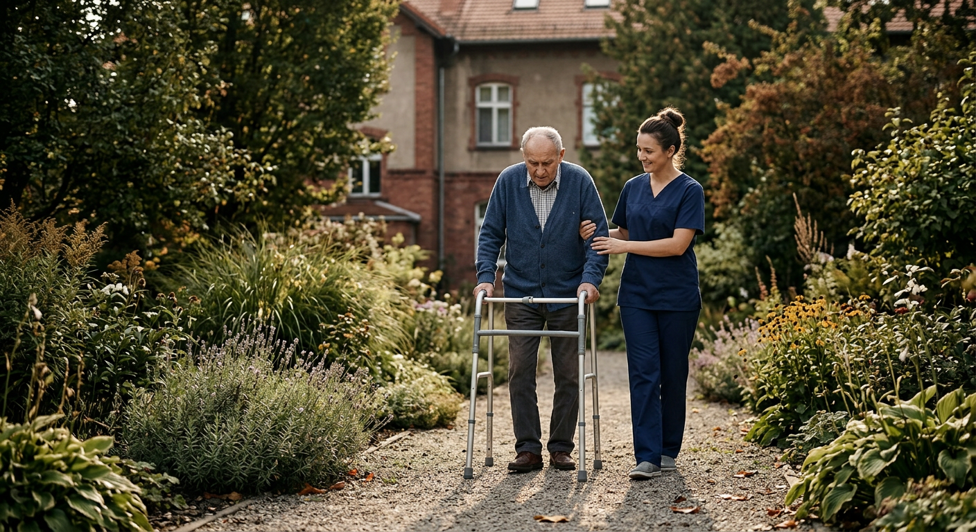 An elderly man is performing rehabilitation exercises with a physical therapist in a bright, modern setting, likely a care home.