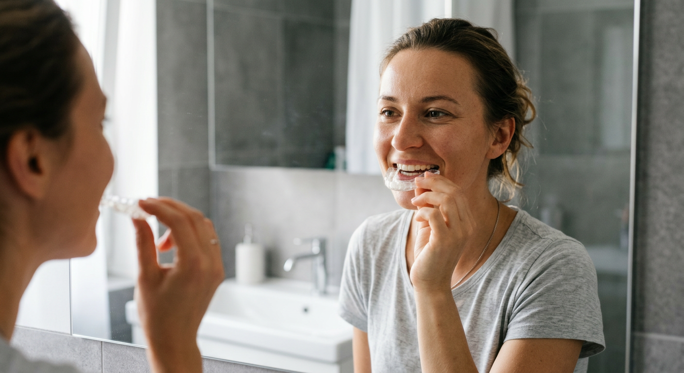 Osoba z naturalnym, zdrowym uśmiechem patrzy w lustro w łazience, trzymając przezroczystą, dopasowaną nakładkę dentystyczną wypełnioną żelem wybielającym. Zamierza założyć nakładkę na górne zęby. Łazienka jest jasno oświetlona i ma nowoczesny wygląd.