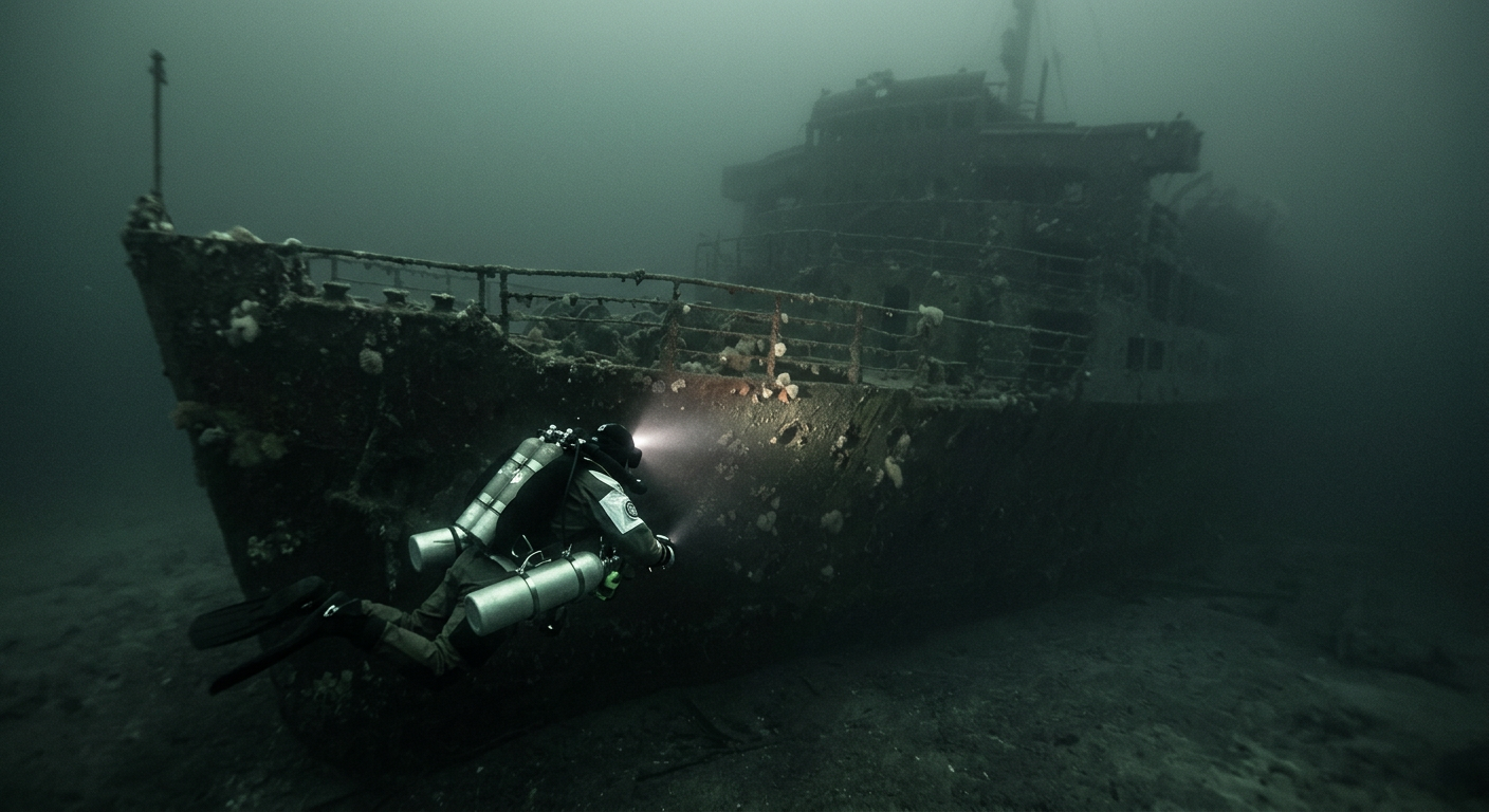 An underwater scene shows a diver exploring a large, dark shipwreck on the seabed, with schools of fish swimming around it.