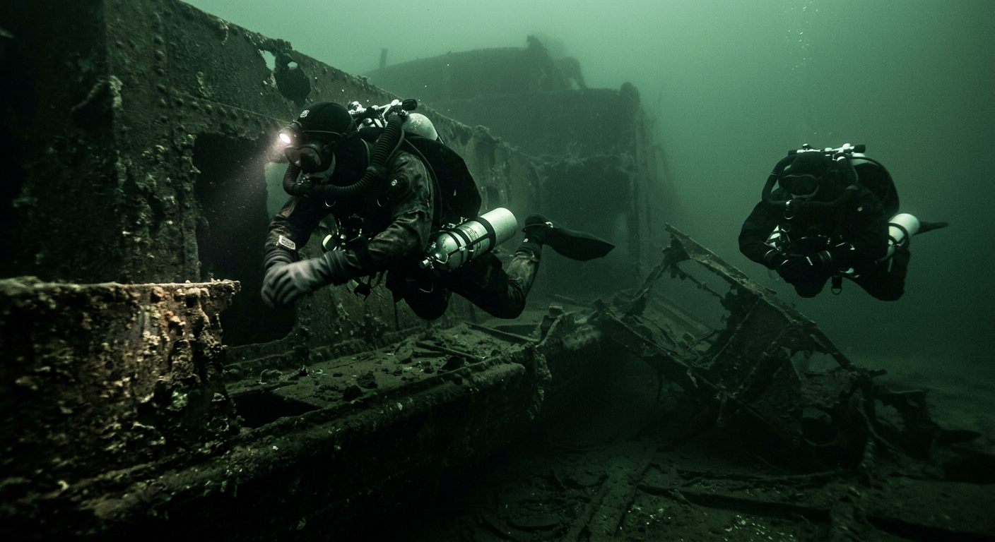 An underwater scene shows a diver exploring a large shipwreck, with schools of fish swimming around the decaying structure.