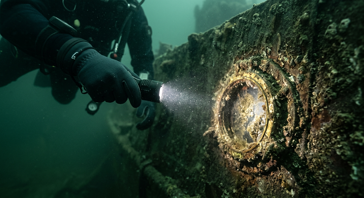An underwater scene shows a diver exploring a large, dark shipwreck on the seabed, with schools of fish swimming around it.
