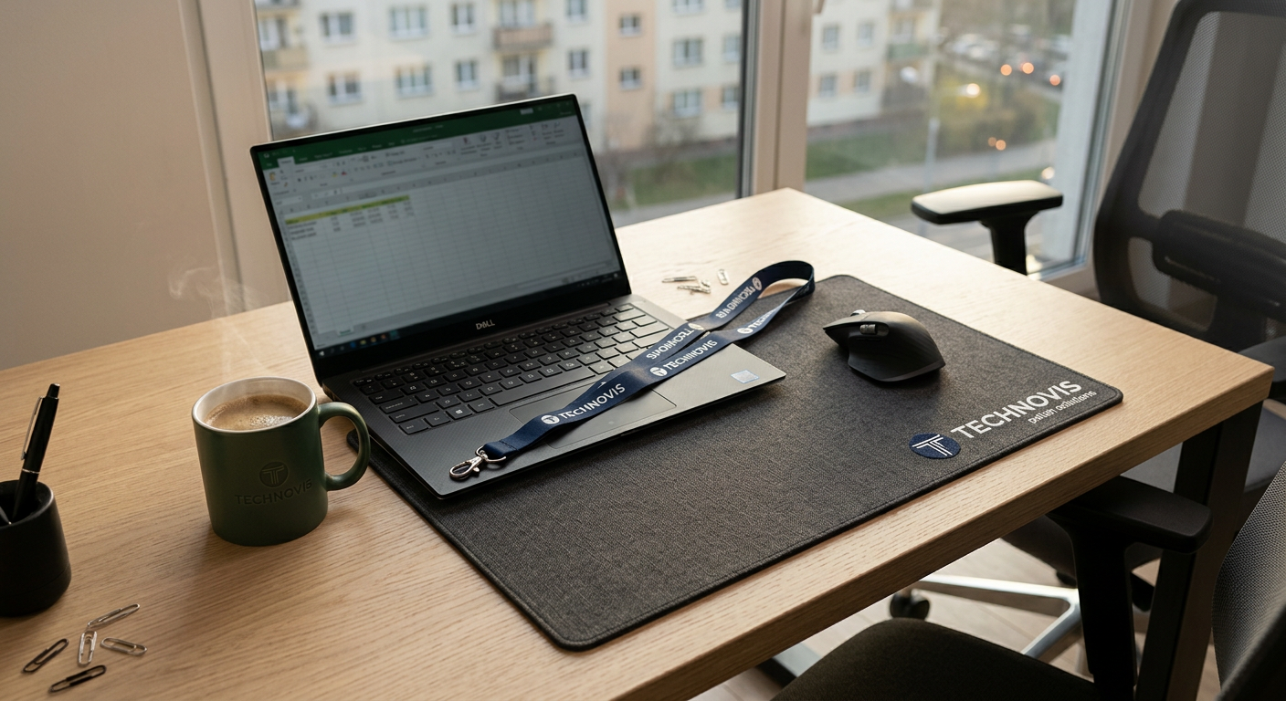 Ujęcie z góry na uporządkowane biurko. Podkładka pod mysz z subtelnym logo firmy leży obok laptopa. W pobliżu znajduje się markowy kubek i pasująca smycz. Biurko jest z jasnego drewna.