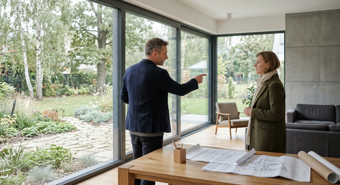 A bright, modern interior with large windows showcasing a green outdoor view, suggesting custom window design.