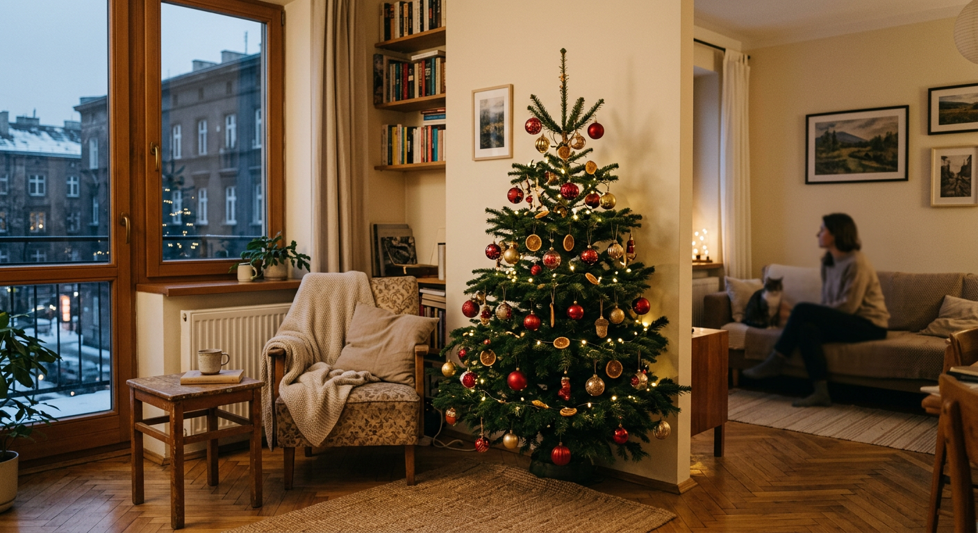 A small, decorated Christmas tree stands in a cozy, modern living room with a window view.