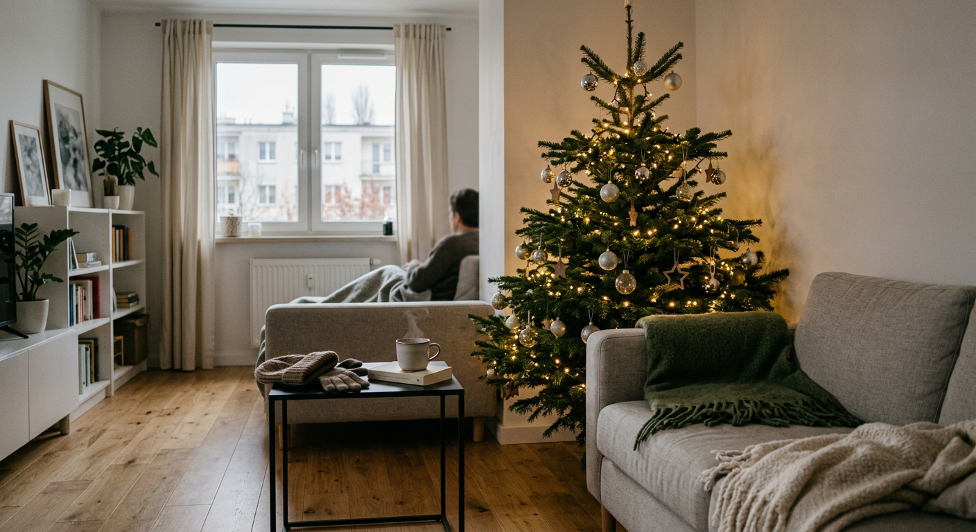 A small, decorated Christmas tree stands in a cozy, modern living room with a window view.