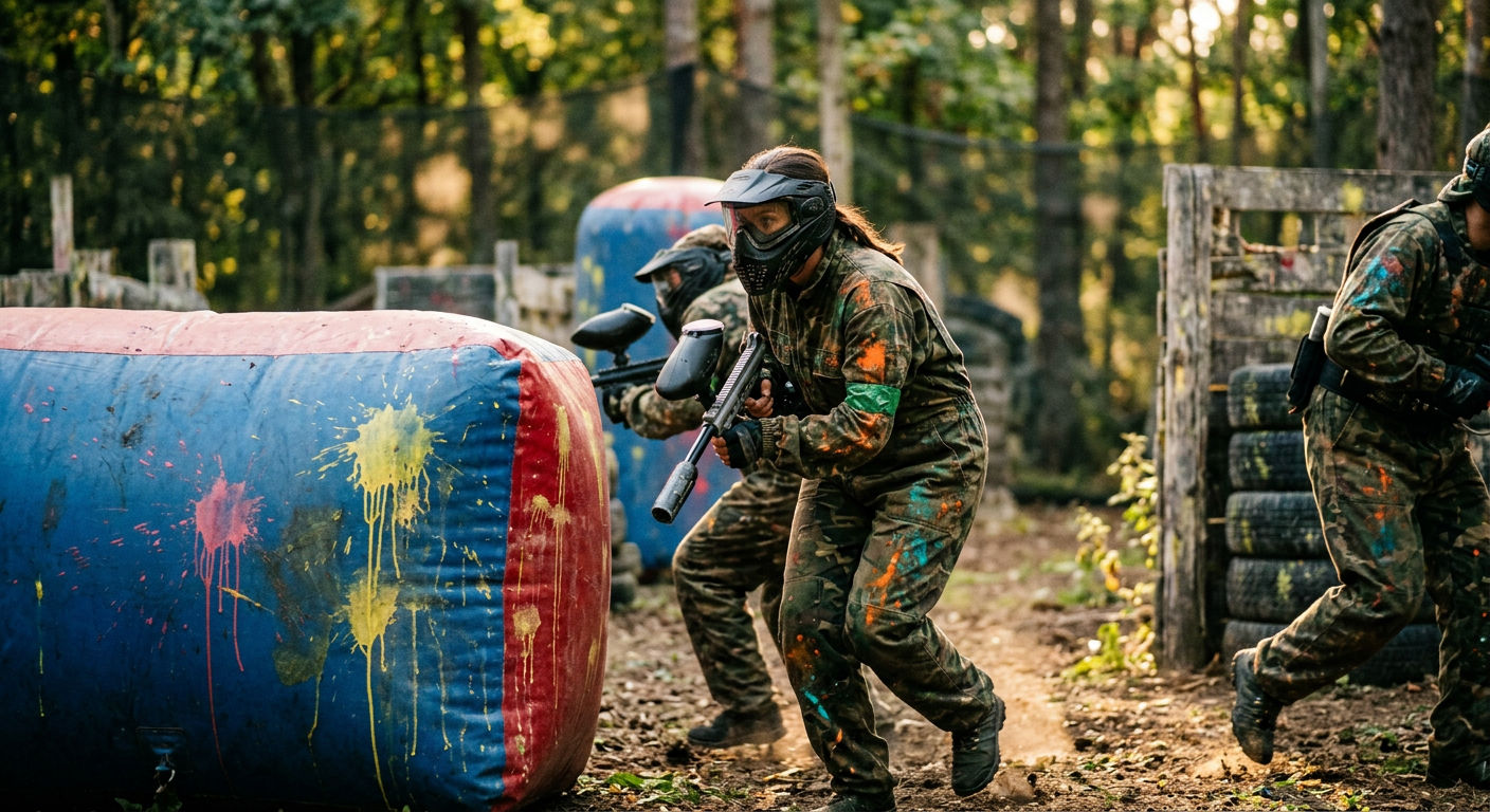 Grupa dorosłych w pełnym rynsztunku paintballowym, w tym maskach i odzieży ochronnej, strategicznie porusza się po gęstym, zewnętrznym polu paintballowym wypełnionym nadmuchiwanymi bunkrami i naturalnymi przeszkodami. Na niektórych barierach i sprzęcie graczy widoczne są plamy kolorowej farby. Scena jest jasna i pełna akcji, z poczuciem dynamicznego ruchu.