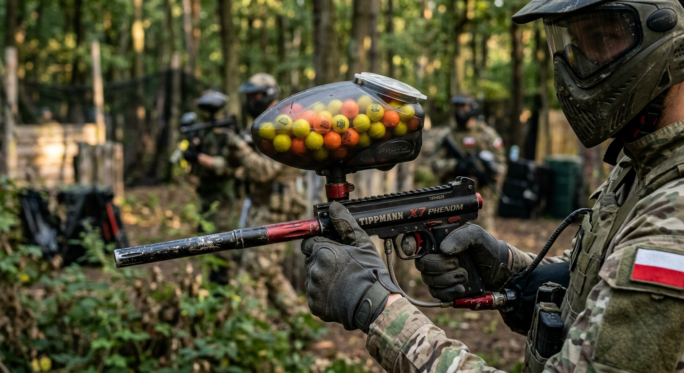 Zbliżenie na marker paintballowy (pistolet) trzymany przez dłoń w rękawiczce, z wyraźnym widokiem kulek z farbą załadowanych do magazynka. Tło jest lekko rozmyte, ukazując innych graczy w sprzęcie ochronnym w zalesionym obszarze, sugerując trwającą grę. Ostrość jest skupiona na markerze i kulkach z farbą, podkreślając sprzęt.
