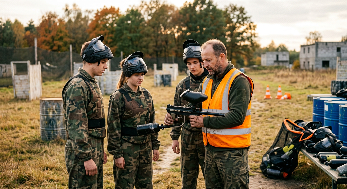 Profesjonalny instruktor paintballa, ubrany w kamizelkę sędziowską, demonstruje, jak trzymać i celować z markera paintballowego małej grupie początkujących. Początkujący, ubrani w kaski i kamizelki ochronne, uważnie obserwują instruktora na otwartym, trawiastym terenie przed wejściem na główne pole gry. W pobliżu widoczne są pachołki bezpieczeństwa i stos masek paintballowych.