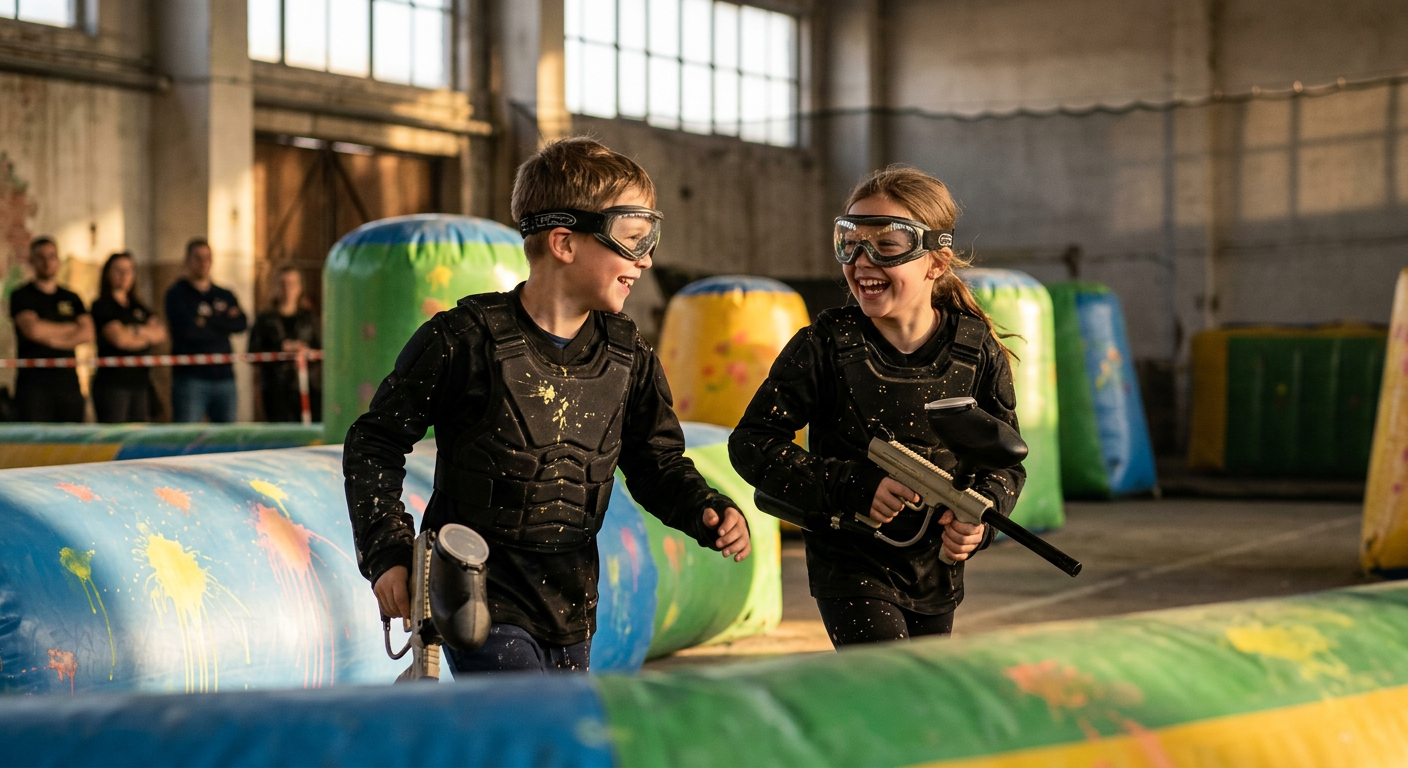 Dwoje dzieci, w wieku około 8-10 lat, śmieje się i biegnie przez jaskrawo kolorowy tor paintballowy 'Splatmaster' przeznaczony dla młodszych graczy. Mają na sobie lżejszy sprzęt ochronny i mniejsze markery paintballowe, z miękkimi, kolorowymi plamami farby na niskich, nadmuchiwanych barierach wokół nich. Atmosfera jest radosna i zabawna.