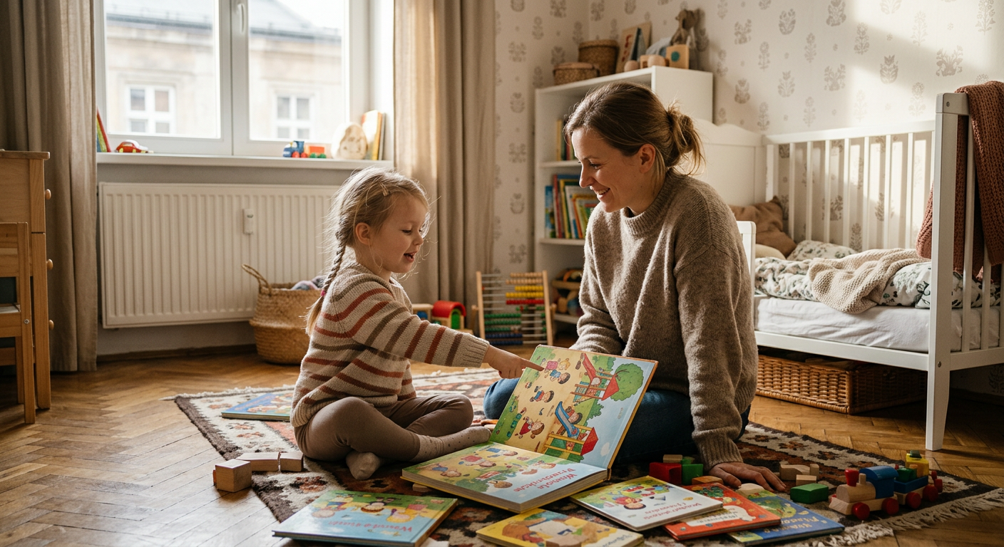 A young child is shown happily playing with building blocks in a bright, colorful room, suggesting a positive and engaging environment suitable for a preschooler.