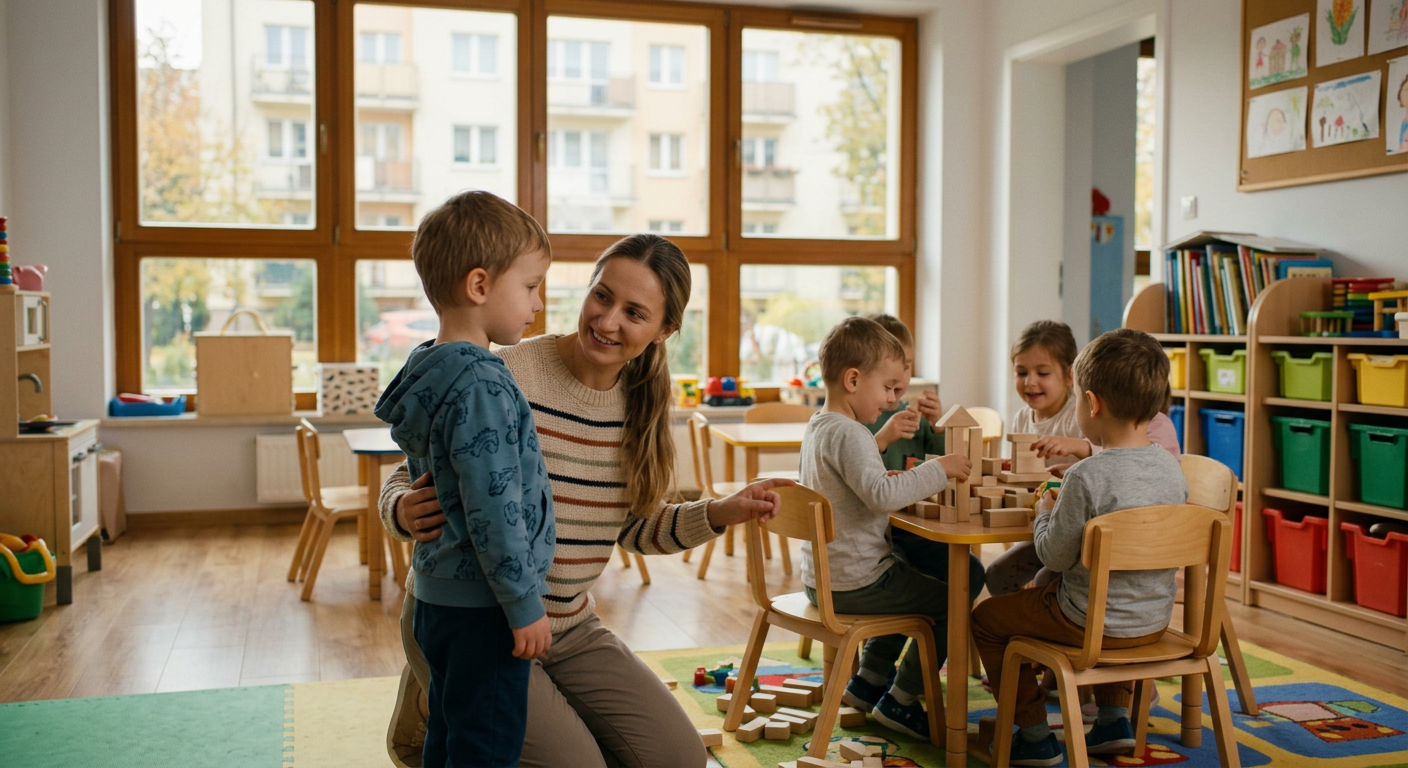 A young child is happily playing with building blocks on the floor of a brightly lit room, suggesting a positive and engaging environment.