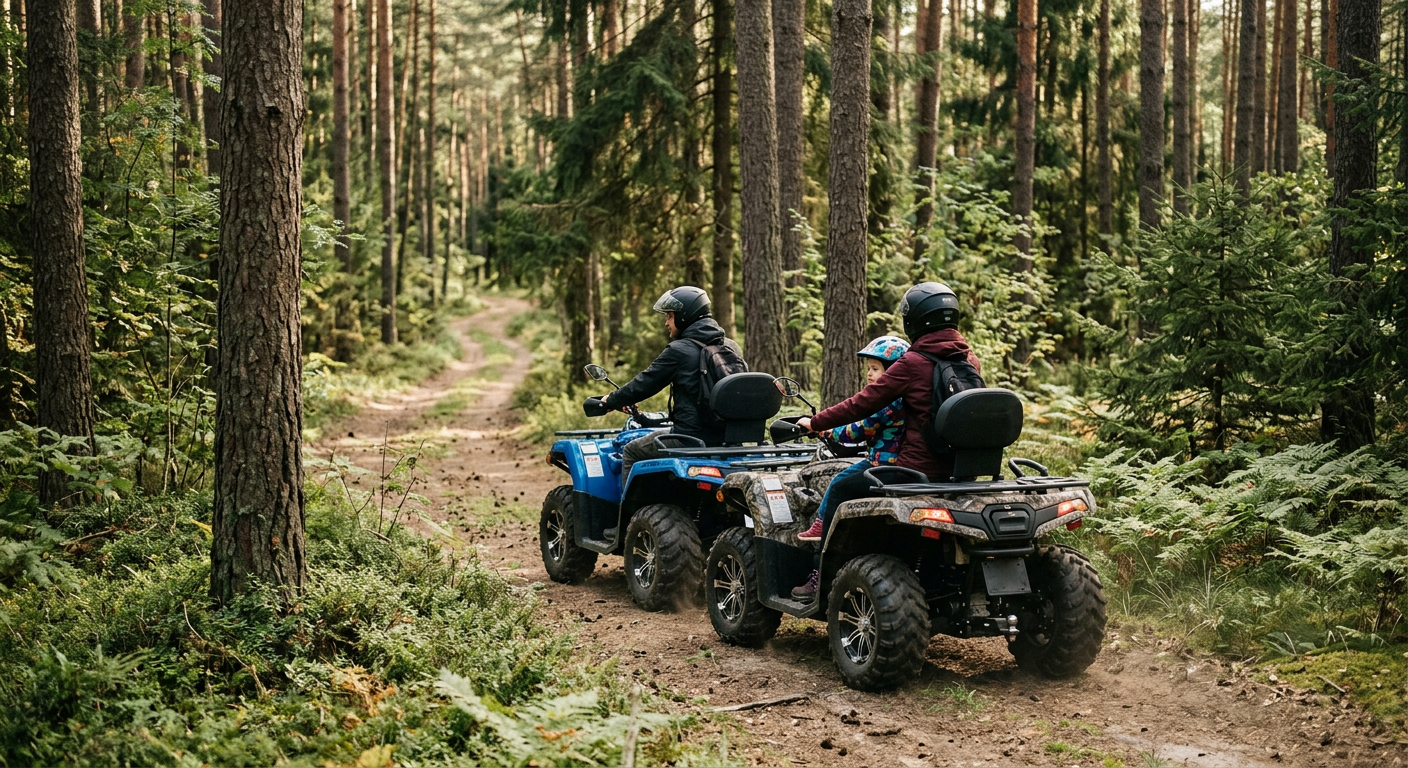 A person is riding a quad bike through a muddy, forested area, kicking up dirt and water.