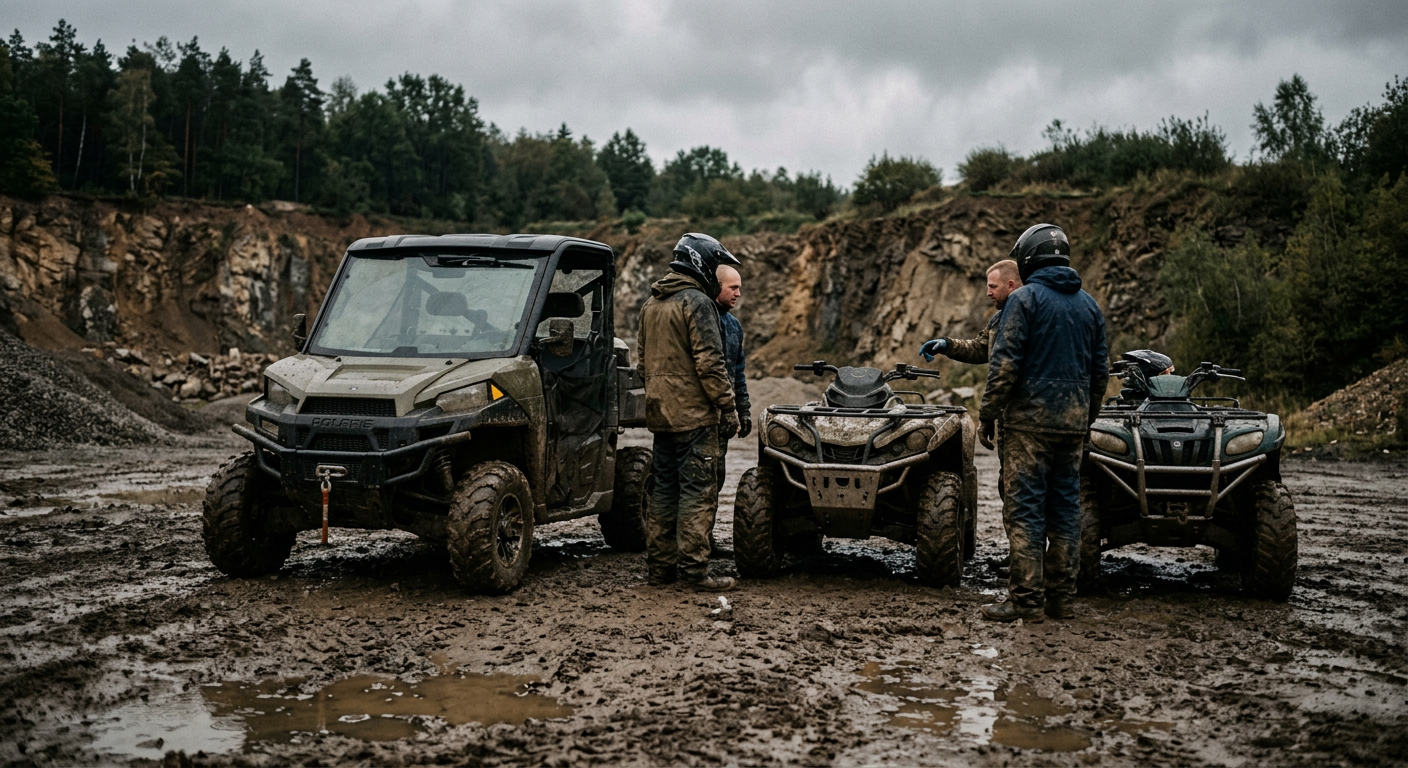 A person is riding a quad bike through a muddy, forested area, kicking up dirt and water.