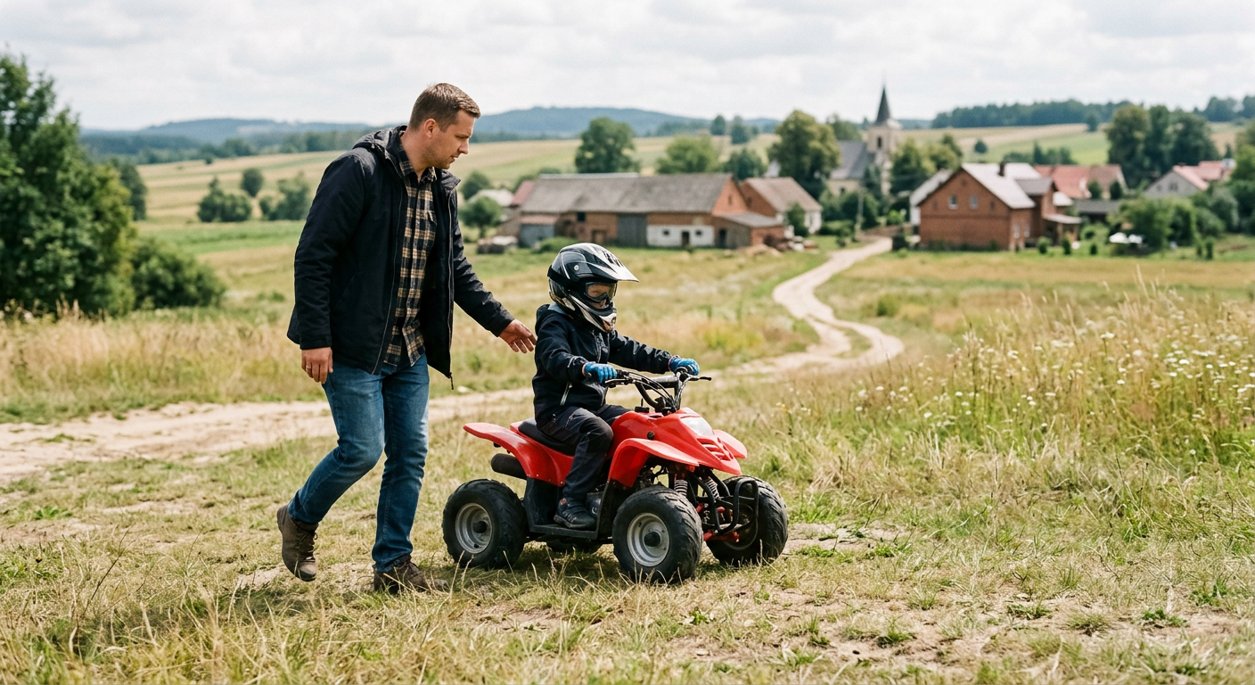 A person is riding a quad bike through a muddy, forested area, kicking up dirt and water.