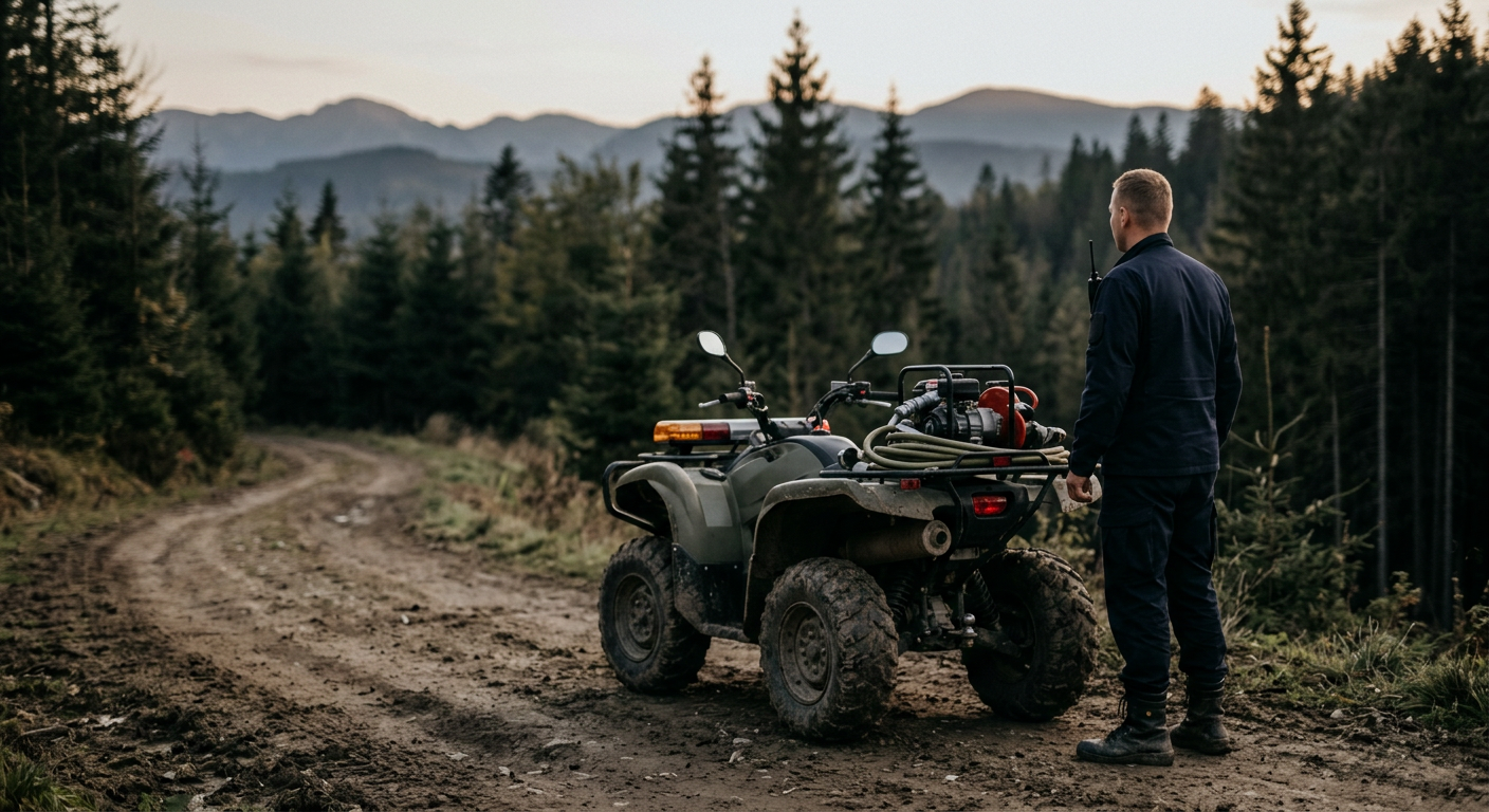 A person is riding a quad bike through a muddy, forested area, kicking up dirt and water.