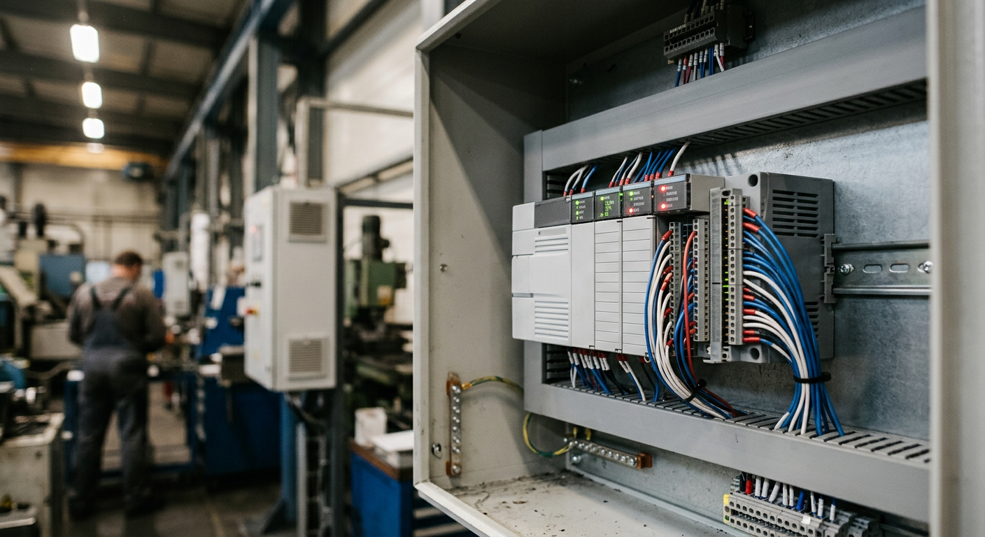 A close-up, high-angle shot of a modern, industrial control panel with various buttons, lights, and a screen, suggesting automation and technology.