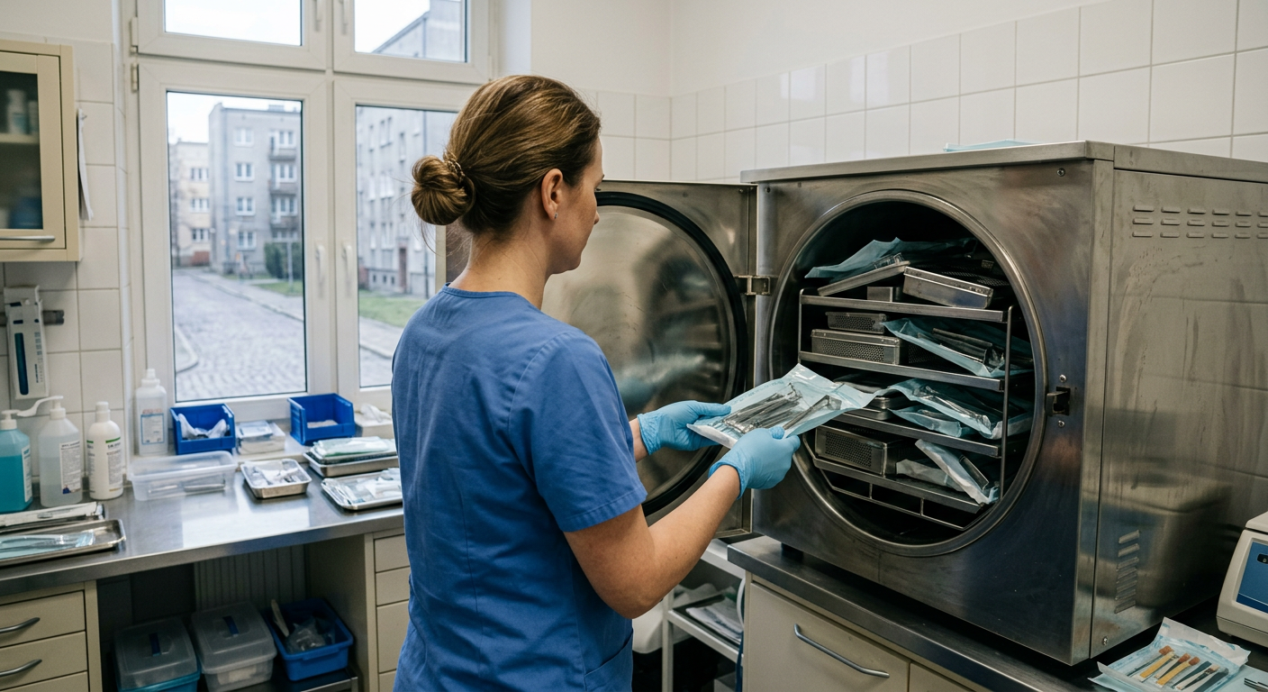 Szerokie ujęcie jasno oświetlonej sterylizatorni w gabinecie stomatologicznym lub medycznym. Technik w niebieskim uniformie ostrożnie ładuje duży, srebrny autoklaw różnymi narzędziami medycznymi. Komora wydaje się nieco przeładowana, z niektórymi pakietami ułożonymi nieprawidłowo, co sugeruje niewłaściwe załadowanie, które może blokować cyrkulację pary.