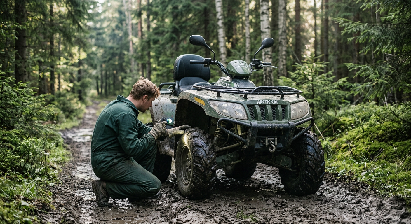 A quad bike is parked on a dirt track in a forest, with sunlight filtering through the trees.