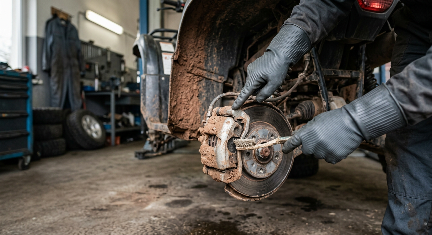A close-up shot of a quad bike's engine and suspension components, suggesting maintenance or inspection.