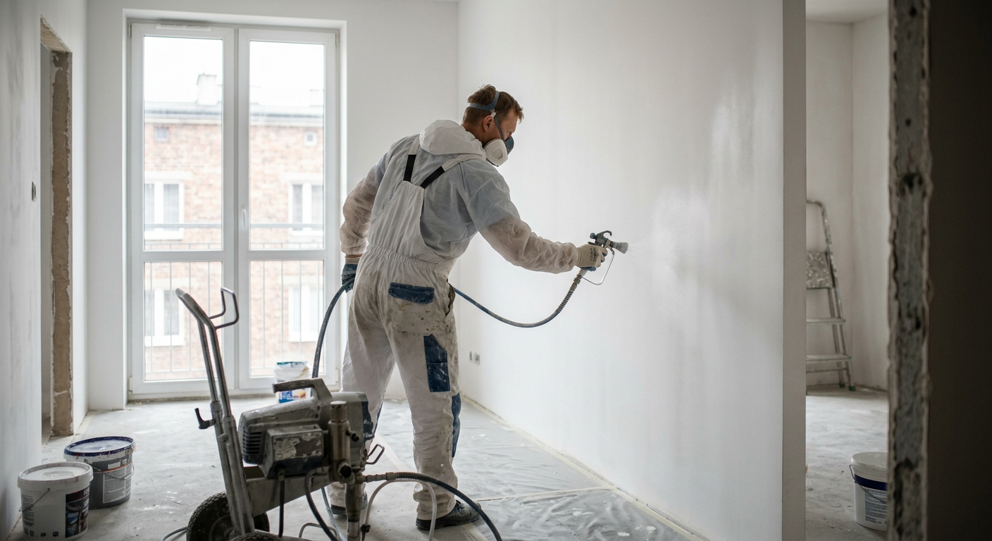 A construction worker in a hard hat and safety glasses is operating a power tool, possibly a sander or polisher, on a floor in a modern, well-lit interior space.