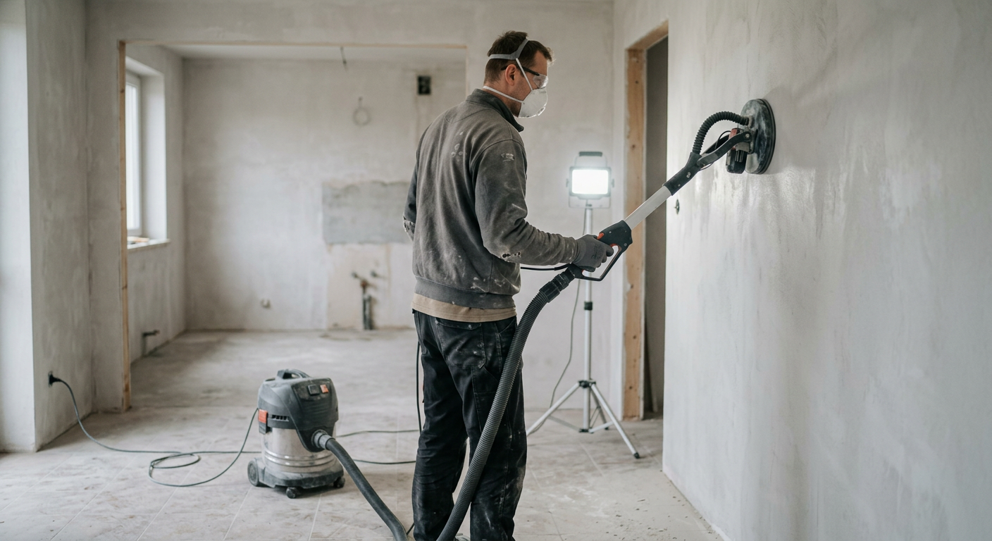 A person in work attire is operating a power tool, possibly a sander or polisher, on a wooden surface in a room under construction.