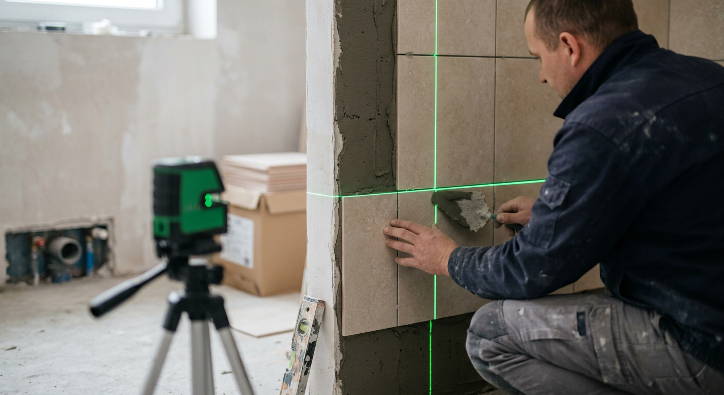 A construction worker is operating a power tool, possibly a sander or polisher, on a floor in a room under renovation.