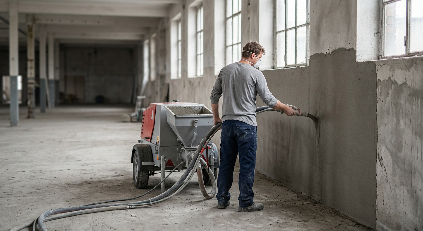 A person is operating a floor sander in a room under renovation, with other tools visible in the background.