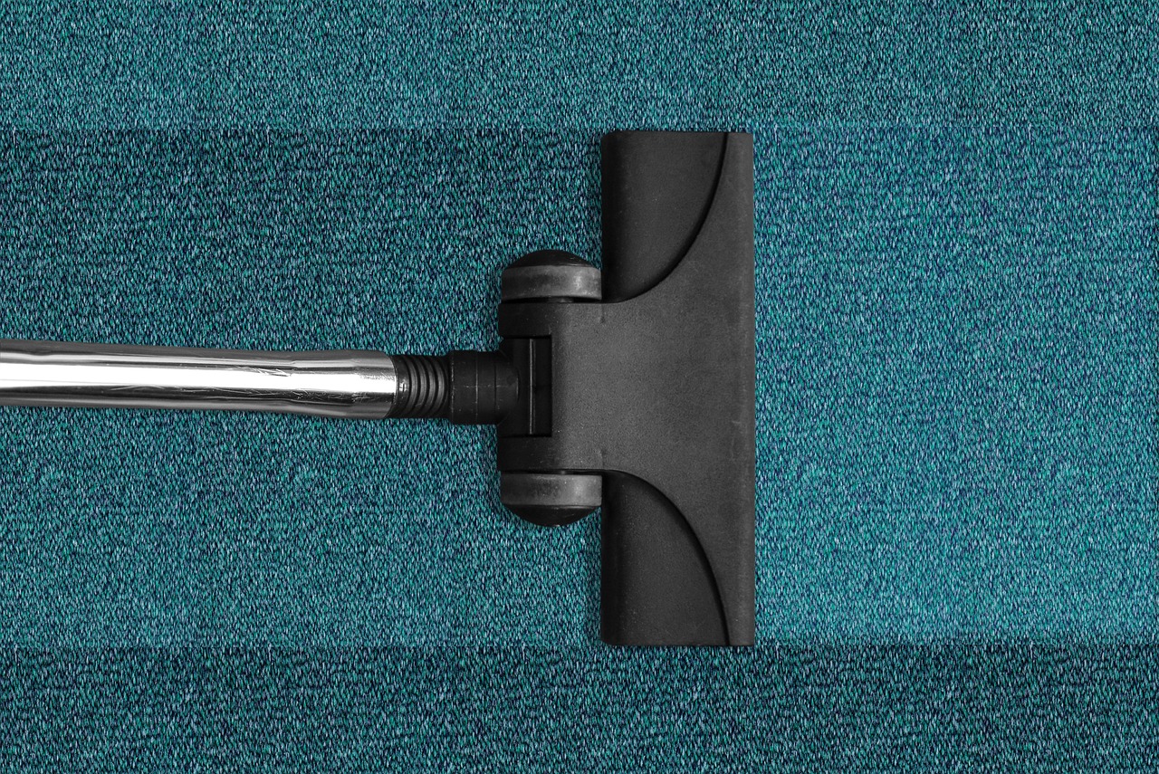 A close-up shot shows a person's hand using a brush to clean a dark-colored rug or carpet, creating foam.